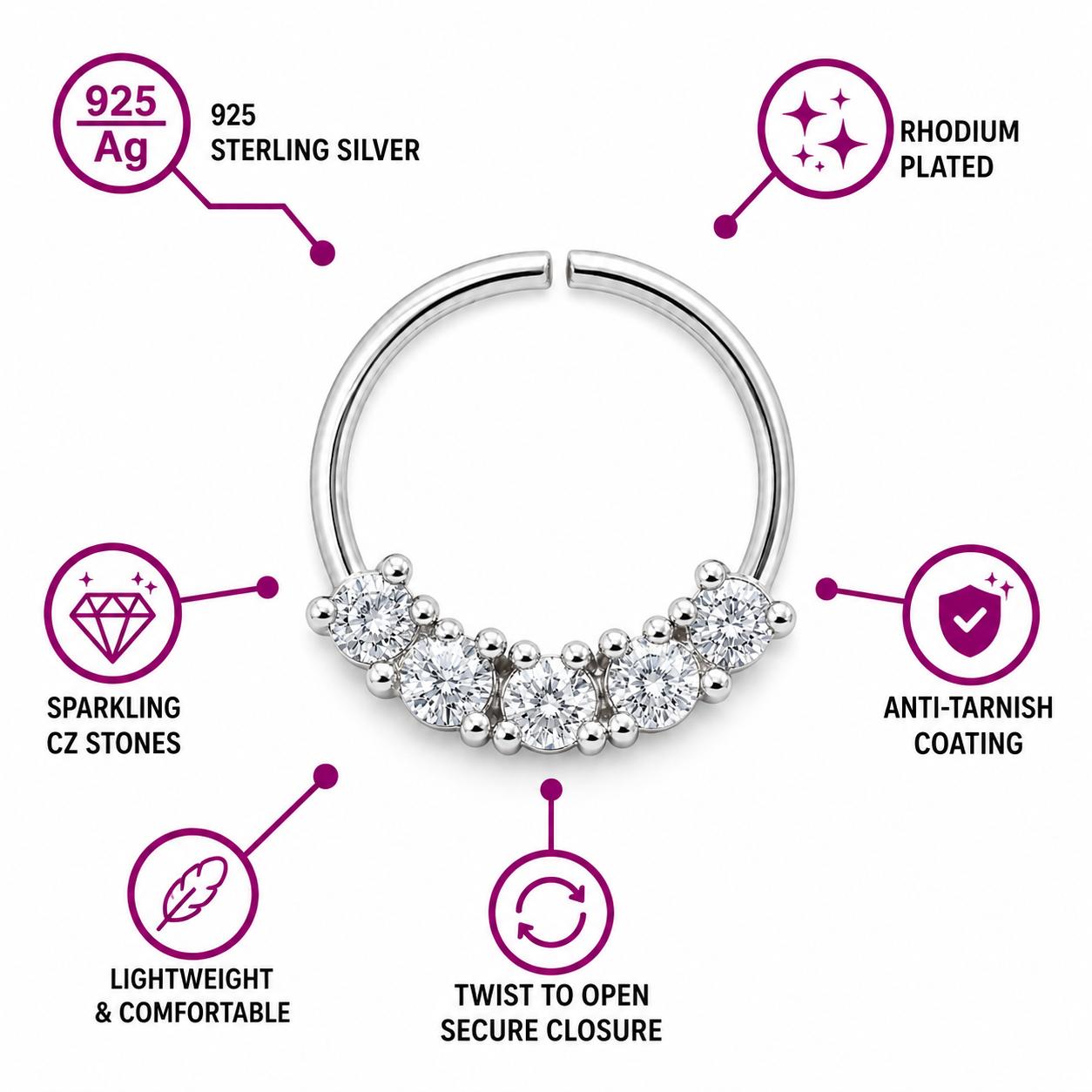 925 Sterling Silver Five Sparkle Open Nose Pin - Image 3
